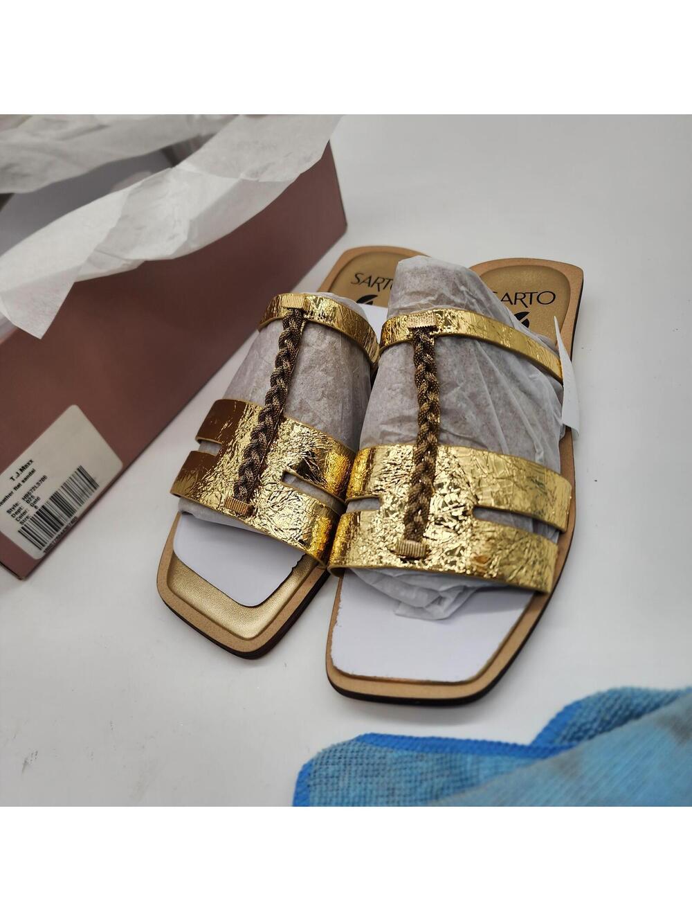 Franco Sarto Sarto Gold Leather Slide Sandals Flat Mule 8 New